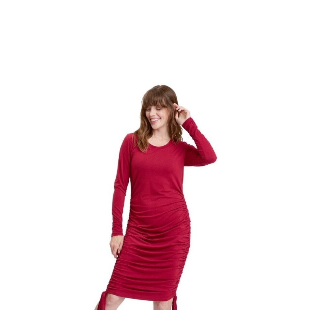 THREADS 4 THOUGHT Med Thia Luxe Jersey Ruched Midi Knit Dress LongSleeve Red NWT